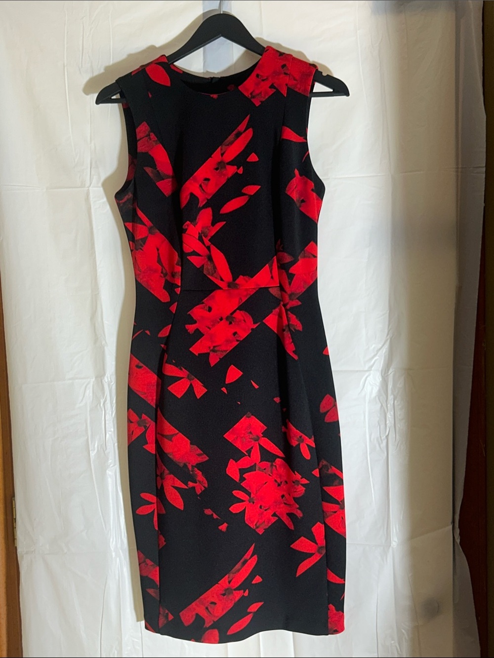 Karl Lagerfeld Black Midi Dress with Red Abstract Floral Print